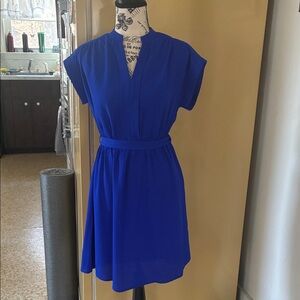 Monteau Cobalt Blue V-Neck Belted Mini Dress
